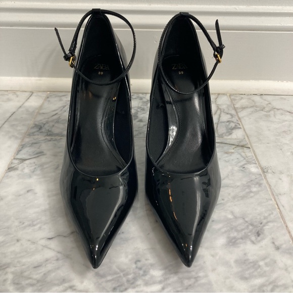 ZARA Black Patent Ankle Strap Pointed Toe Heels - Picture 1 of 10